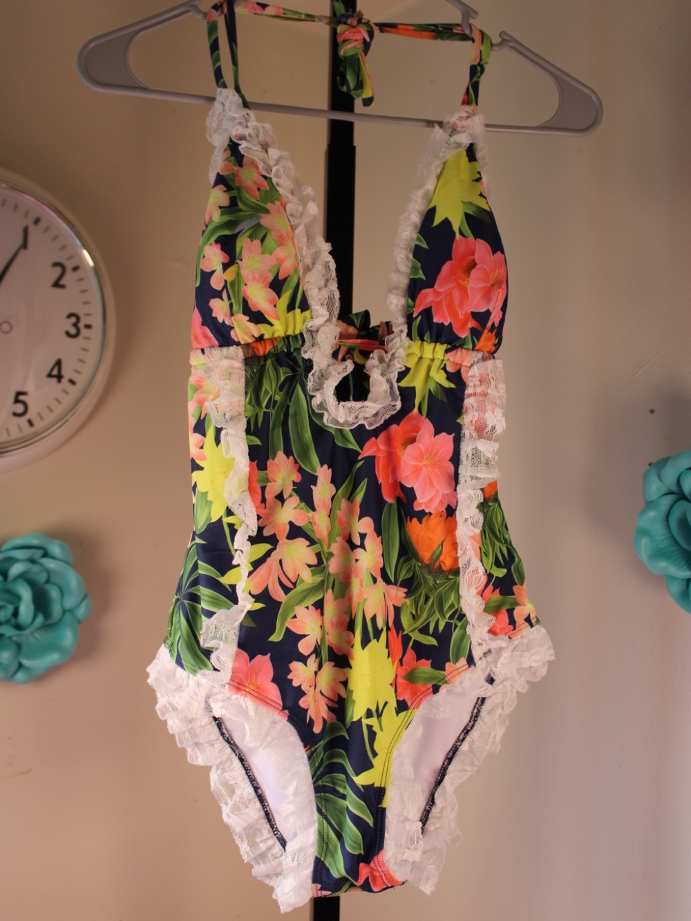 Floral Lace-Trim One-Piece Swimsuit for Kids - Navy with Neon Floral